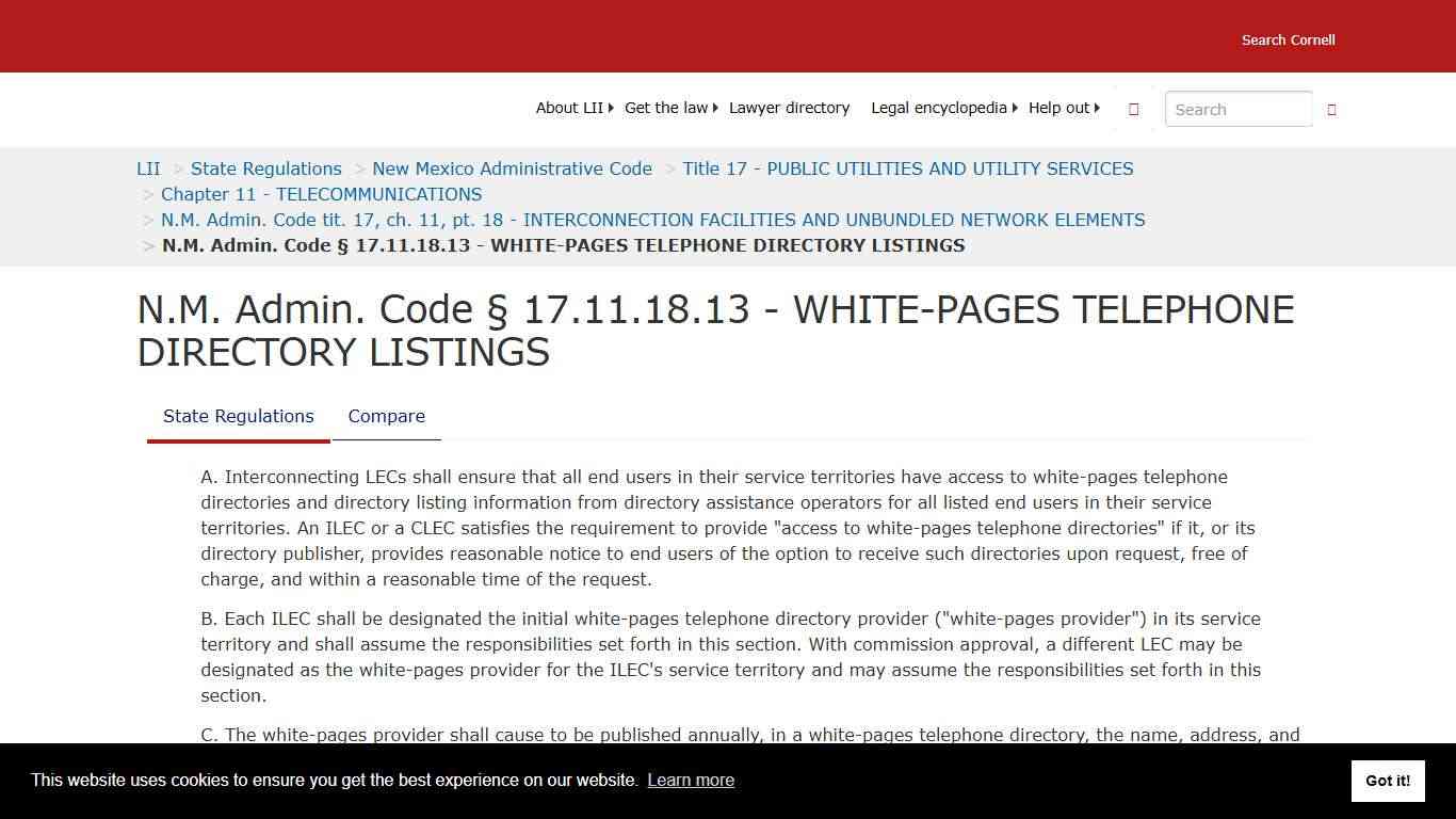 N.M. Admin. Code § 17.11.18.13 - WHITE-PAGES TELEPHONE DIRECTORY LISTINGS | State Regulations | US Law | LII / Legal Information Institute