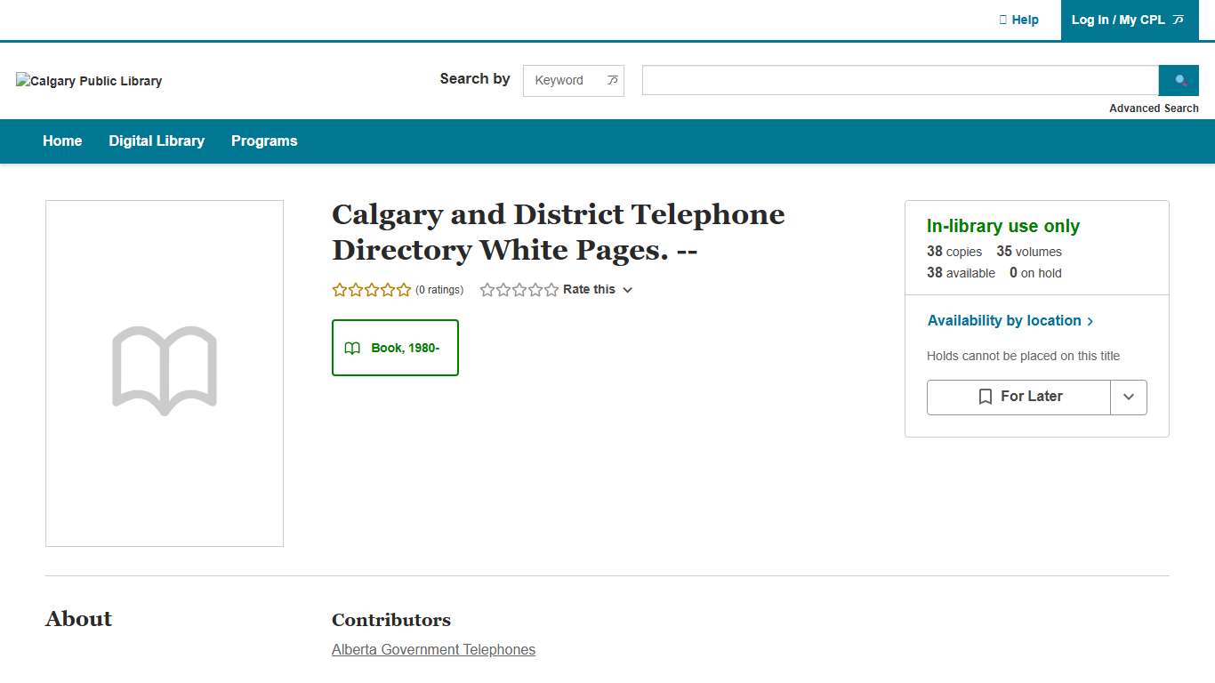 Calgary and District Telephone Directory White Pages. -- | Calgary Public Library | BiblioCommons